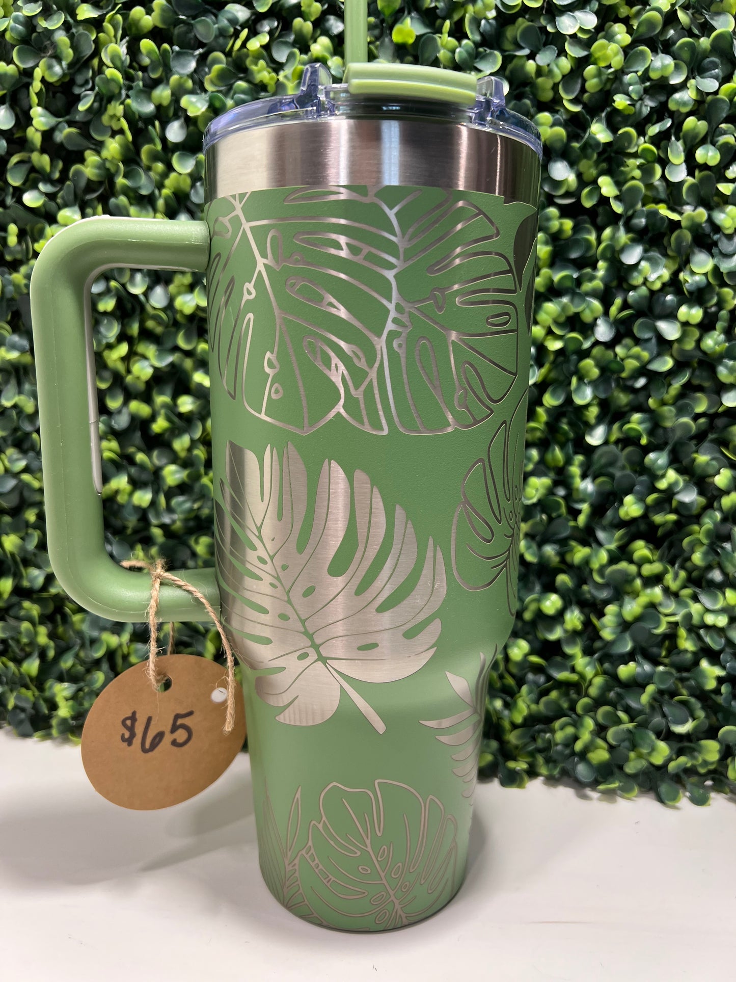 Green 40oz Monstera Leaf Laser Engraved Tumbler