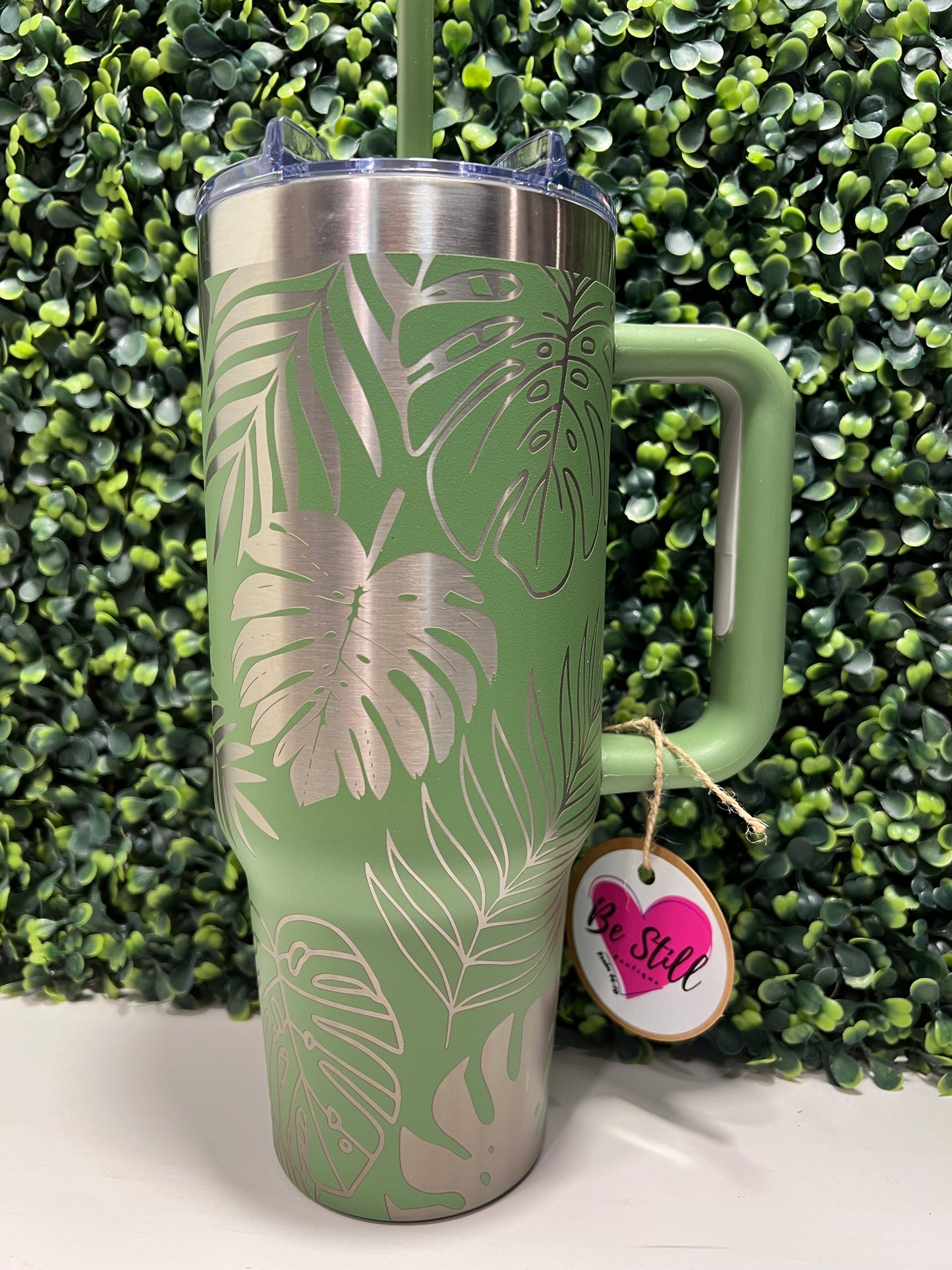 Green 40oz Monstera Leaf Laser Engraved Tumbler