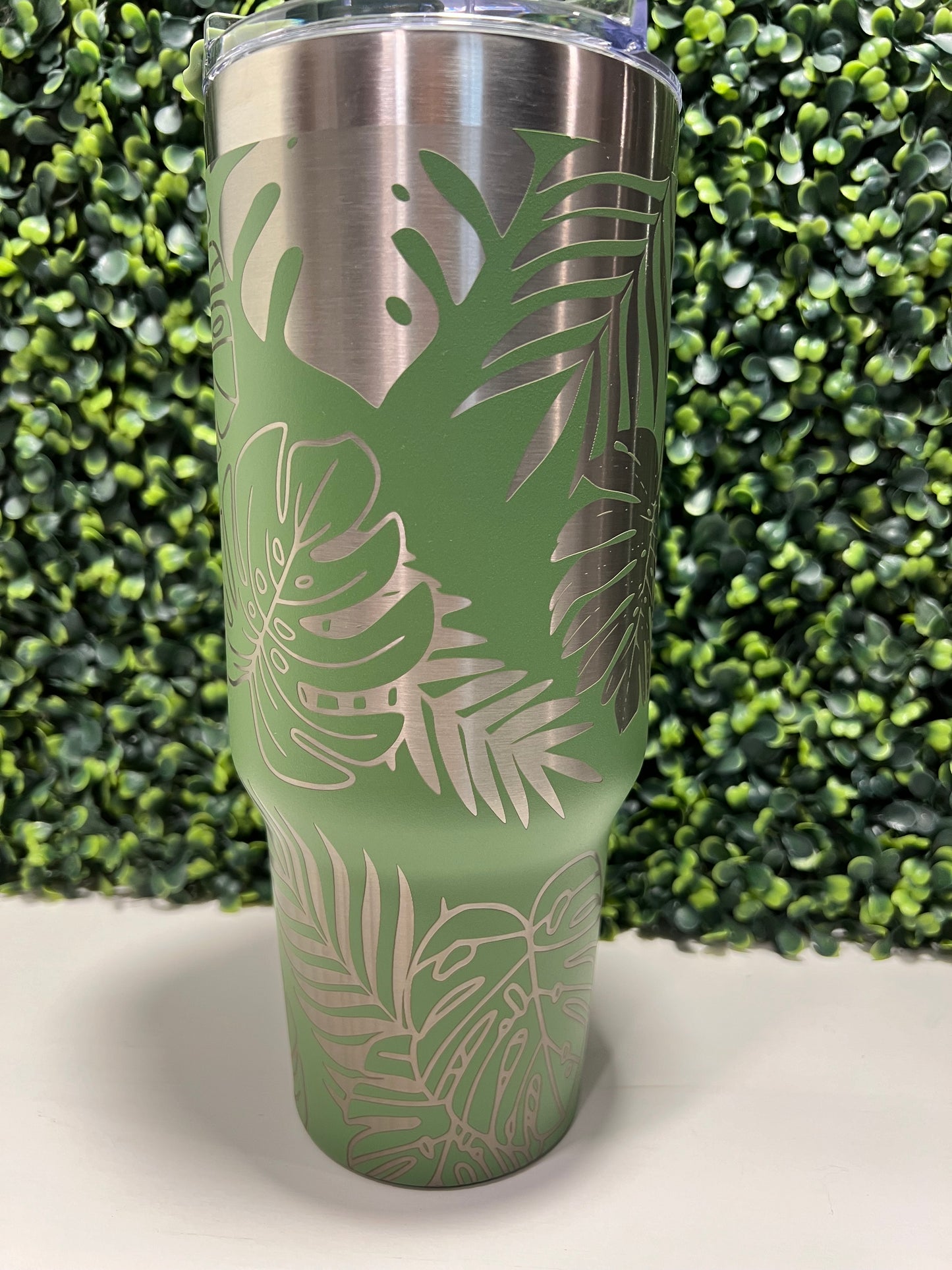Green 40oz Monstera Leaf Laser Engraved Tumbler